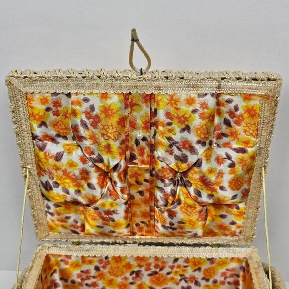 Sewing Notions Box Craft Basket Vintage Woven Wicker Floral Retro Mid Century - Picture 12 of 15
